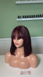 Load and play video in Gallery viewer, Burgundy Bob Wig with Fringe 100% Human Hair Ready to Wear wig

