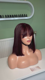 Load and play video in Gallery viewer, Burgundy Bob Wig with Fringe 100% Human Hair Ready to Wear wig
