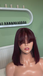 Load and play video in Gallery viewer, Burgundy Bob Wig with Fringe 100% Human Hair Ready to Wear wig
