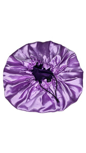 Purple reversible silky satin bonnet with drawstring