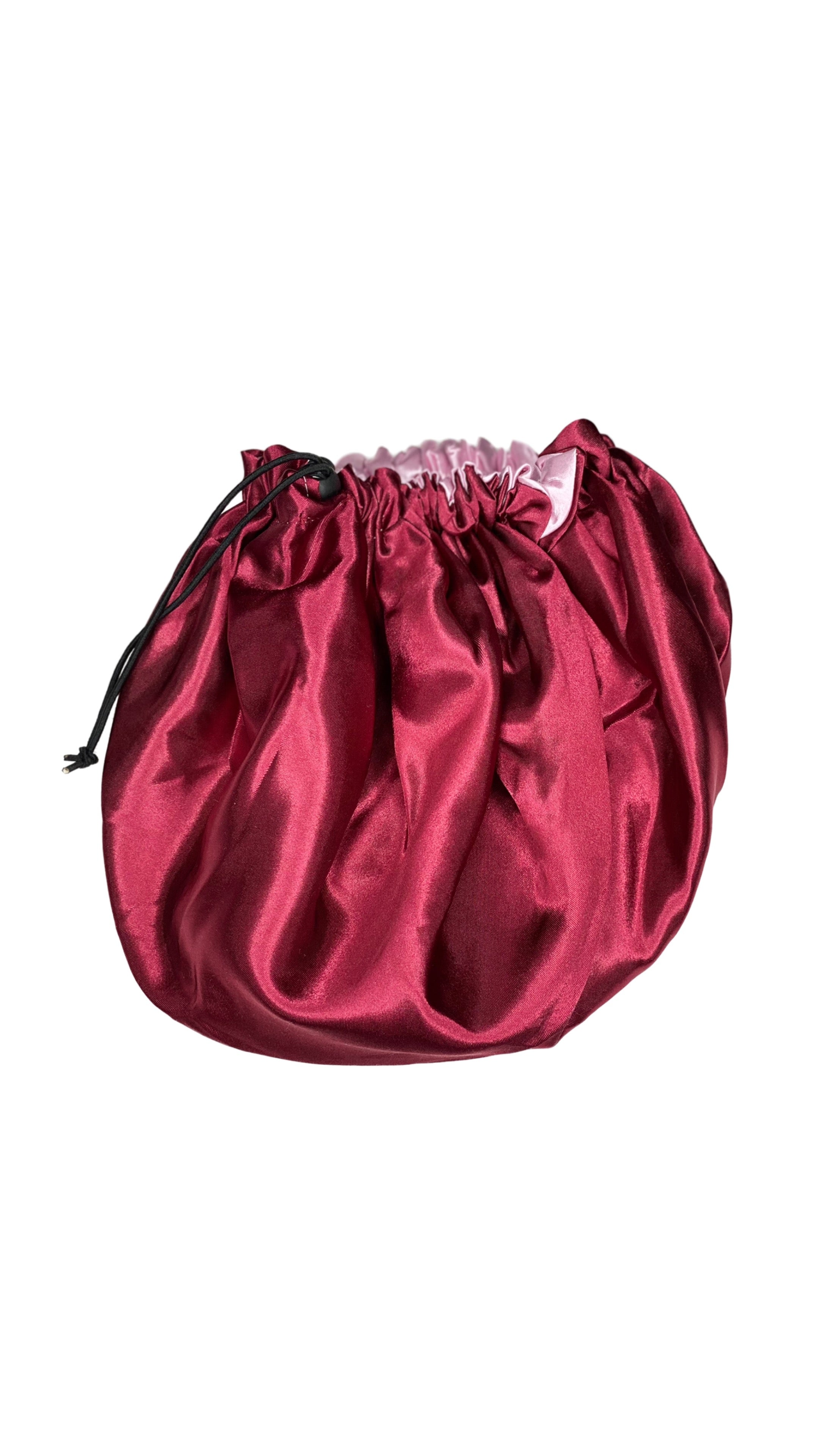 Red reversible silky satin bonnet with drawstring