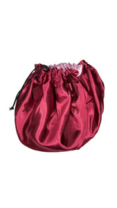 Red reversible silky satin bonnet with drawstring